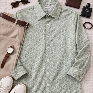 Haggar Slim Fit Green Micro Print Dress Shirt 15.5 32/33